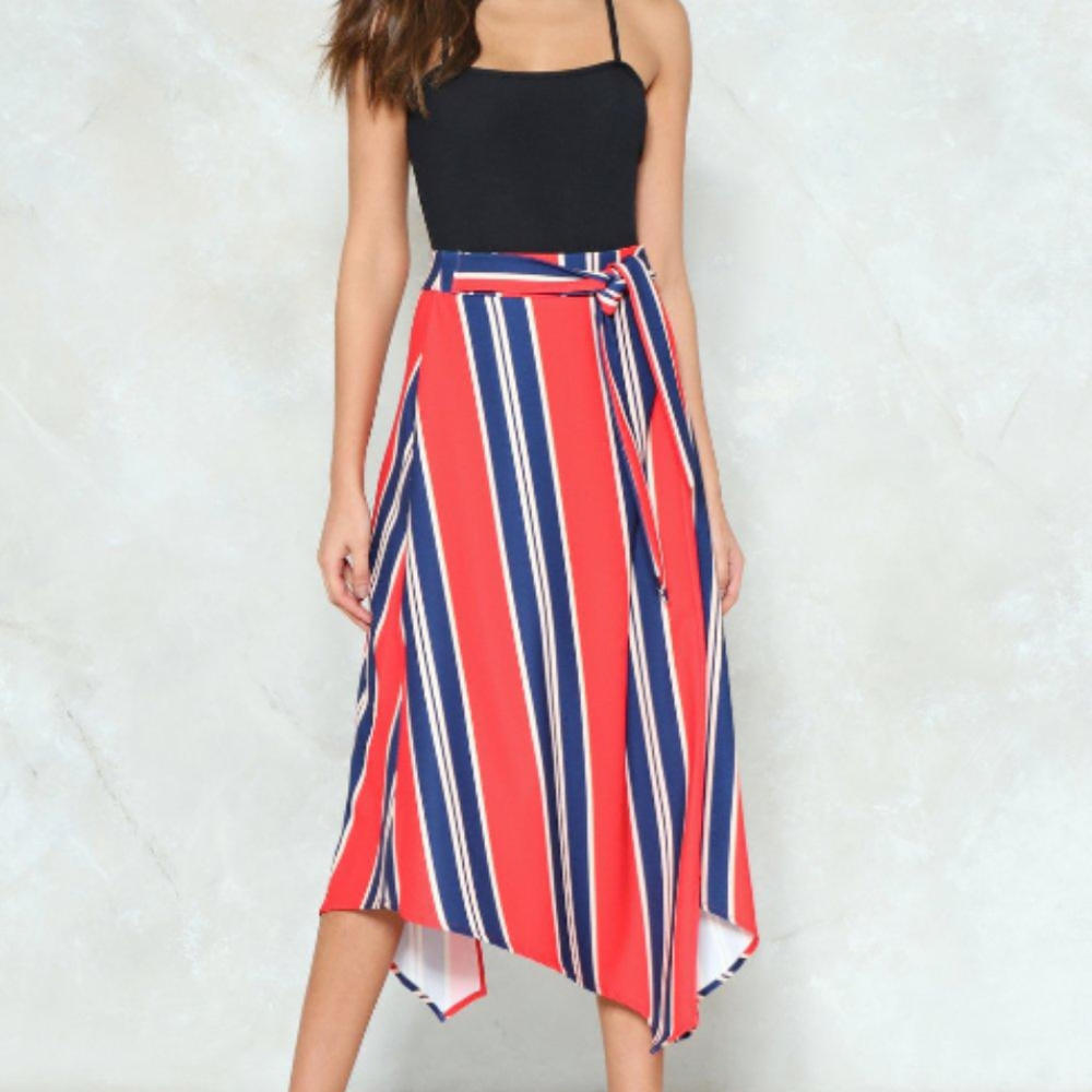 NASTY GAL Union Jack Tie Belt Hanky Hem Striped Midi Skirt S Red Blue